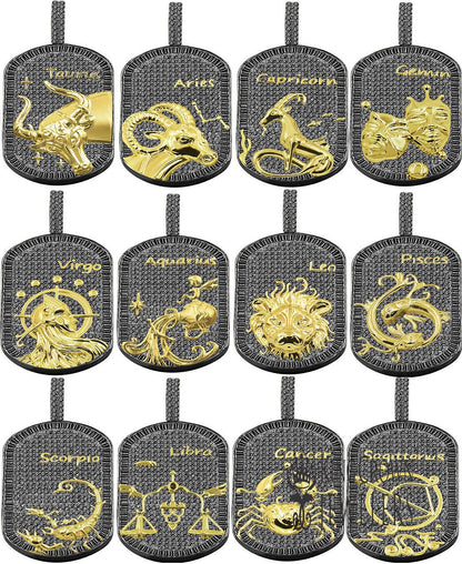 14K Gold Finish Gold Tone Black Baguette/Round Cut Simulated Diamond Zodiac Sign Custom Men's Dog Tag Pendant Charm Chain Neckless Set 2''