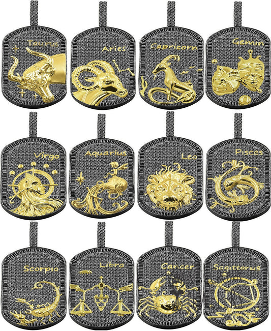 14K Gold Finish Gold Tone Black Baguette/Round Cut Simulated Diamond Zodiac Sign Custom Men's Dog Tag Pendant Charm Chain Neckless Set 2''