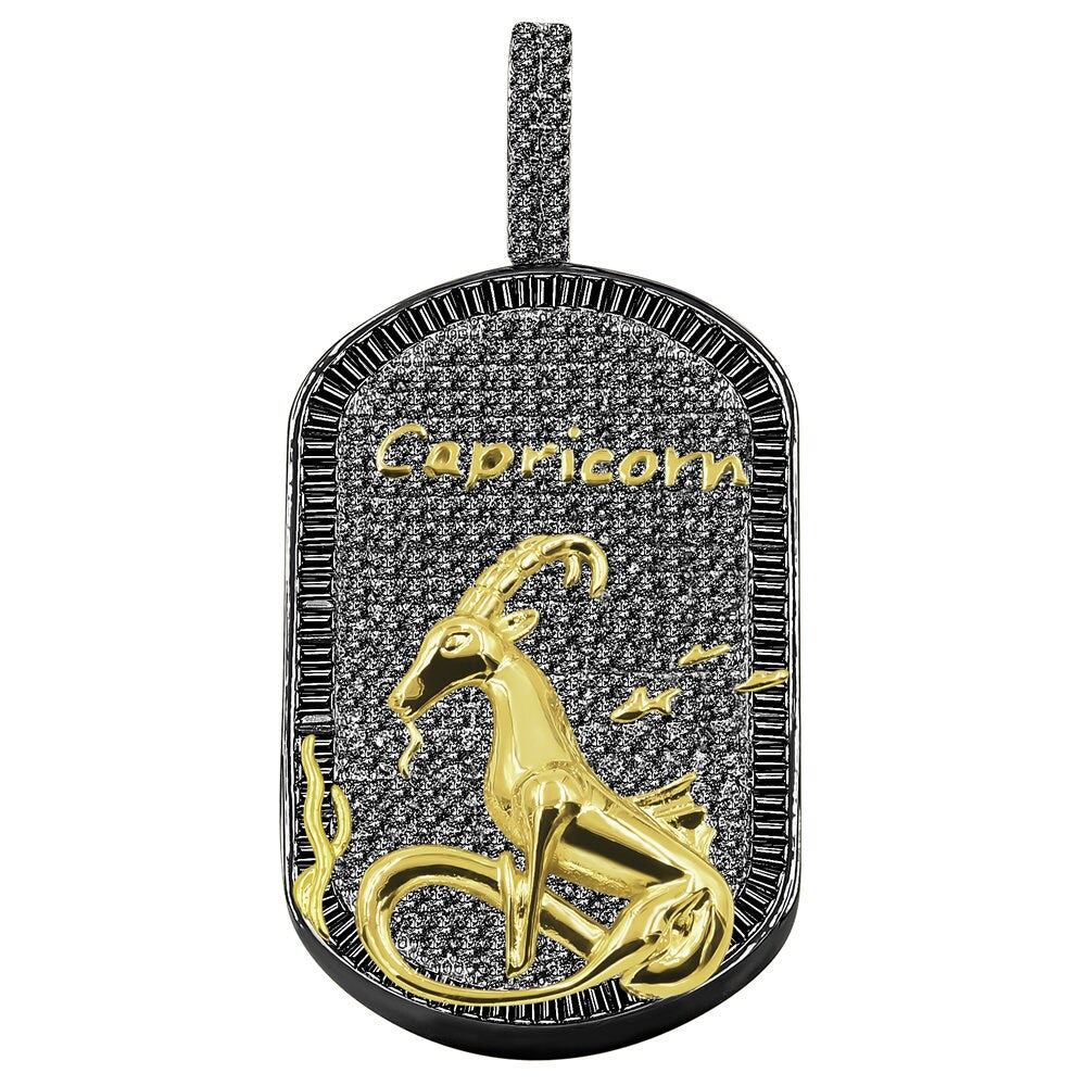 14K Gold Finish Gold Tone Black Baguette/Round Cut Simulated Diamond Zodiac Sign Custom Men's Dog Tag Pendant Charm Chain Neckless Set 2''