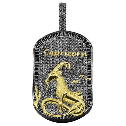 14K Gold Finish Gold Tone Black Baguette/Round Cut Simulated Diamond Zodiac Sign Custom Men's Dog Tag Pendant Charm Chain Neckless Set 2''