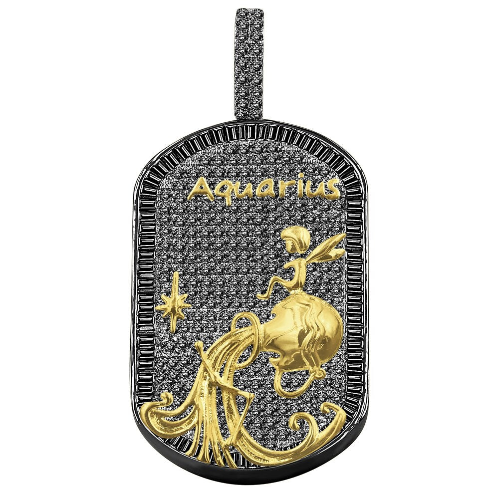14K Gold Finish Gold Tone Black Baguette/Round Cut Simulated Diamond Zodiac Sign Custom Men's Dog Tag Pendant Charm Chain Neckless Set 2''