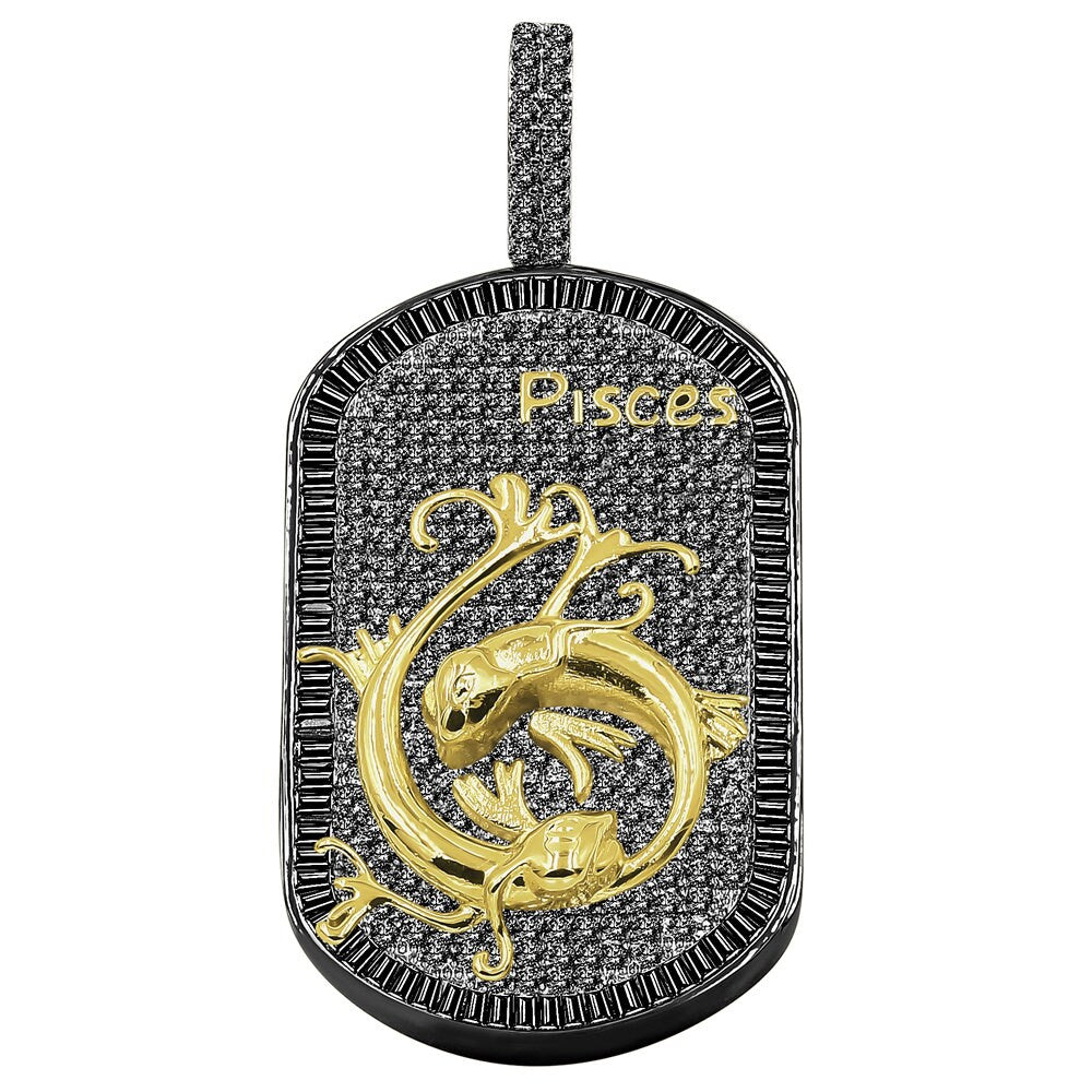 14K Gold Finish Gold Tone Black Baguette/Round Cut Simulated Diamond Zodiac Sign Custom Men's Dog Tag Pendant Charm Chain Neckless Set 2''