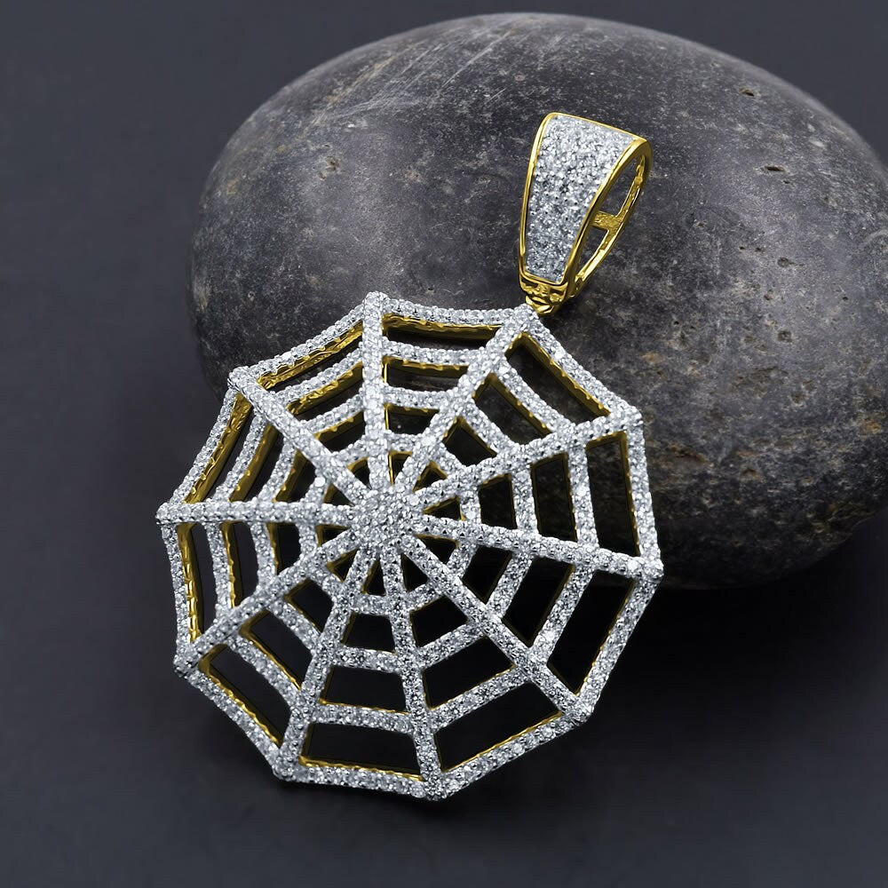 Real Yellow Gold Sterling Silver Custom Spider Web Round Sides Icy Medallion Hip Hop Pendant Charm