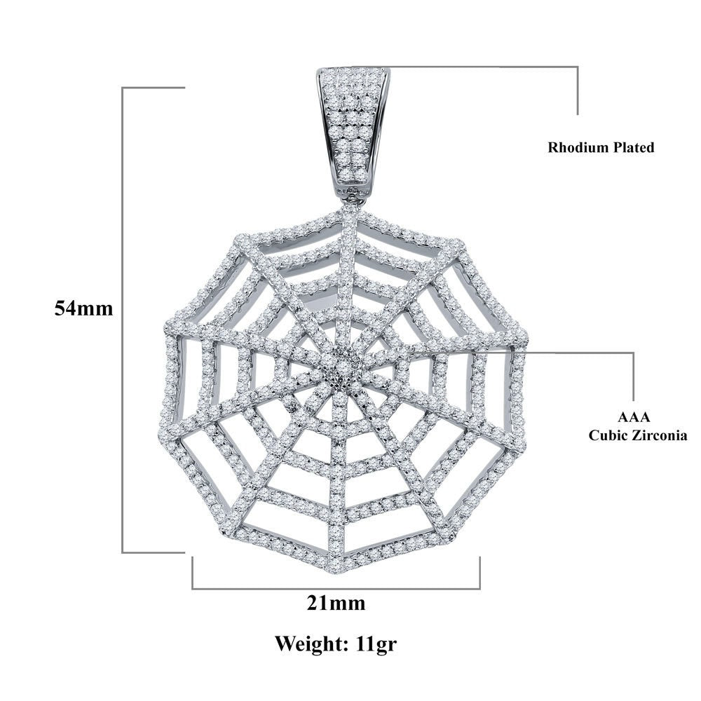 Real White Gold On Pure Sterling Silver Custom Spider Web Round Sides Icy Medallion Hip Hop Pendant Charm