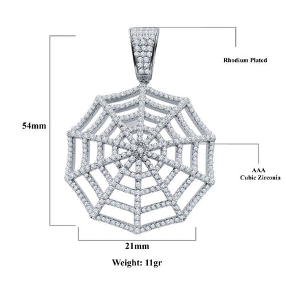 Real White Gold On Pure Sterling Silver Custom Spider Web Round Sides Icy Medallion Hip Hop Pendant Charm