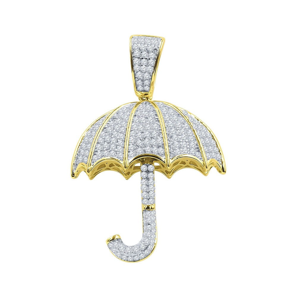 Unisex Real Yellow Gold Sterling Silver Simulated Diamonds Open Umbrella Custom Pendent Charm