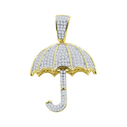 Unisex Real Yellow Gold Sterling Silver Simulated Diamonds Open Umbrella Custom Pendent Charm
