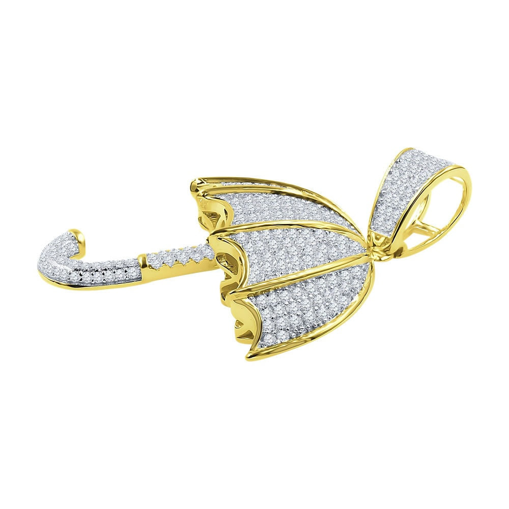 Unisex Real Yellow Gold Sterling Silver Simulated Diamonds Open Umbrella Custom Pendent Charm