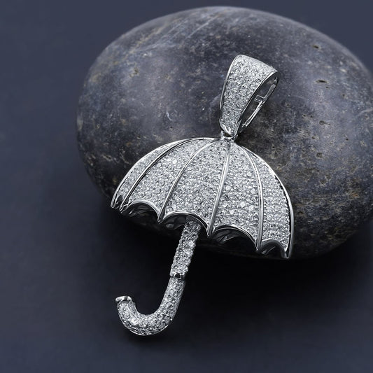 Unisex Real White Gold Sterling Silver Simulated Diamonds Open Umbrella Custom Pendent Charm