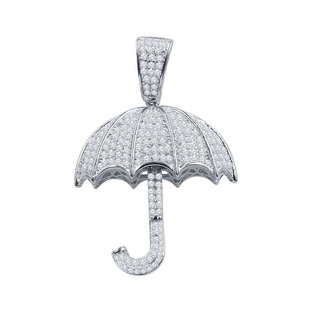 Unisex Real White Gold Sterling Silver Simulated Diamonds Open Umbrella Custom Pendent Charm
