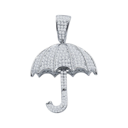 Unisex Real White Gold Sterling Silver Simulated Diamonds Open Umbrella Custom Pendent Charm