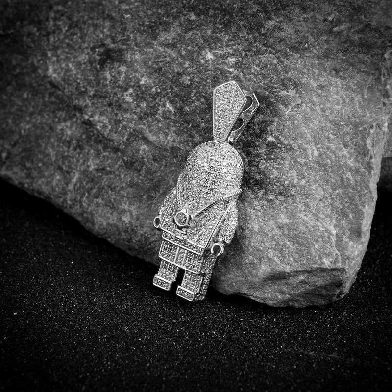 Mens 14K White Gold On Real Sterling Silver Lab Simulated Diamond Robot Machine Custom Pendant Charm