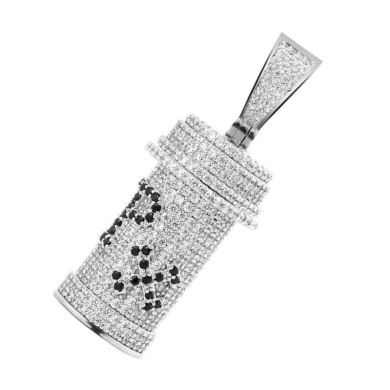 14K White Gold Over Real Sterling Silver Simulated Diamonds PILL BOTTLE RX Medicine Charm Prescription Drugs Pendant