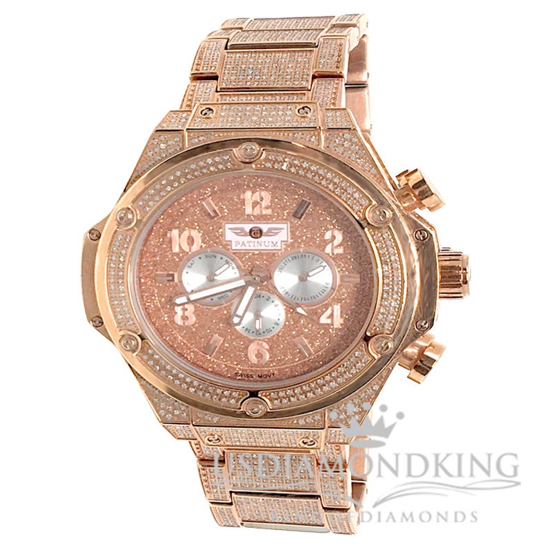 Men's Solid Stainless Steel Tarnish Free 4 Ctw Genuine Diamond Copper Tone Watch