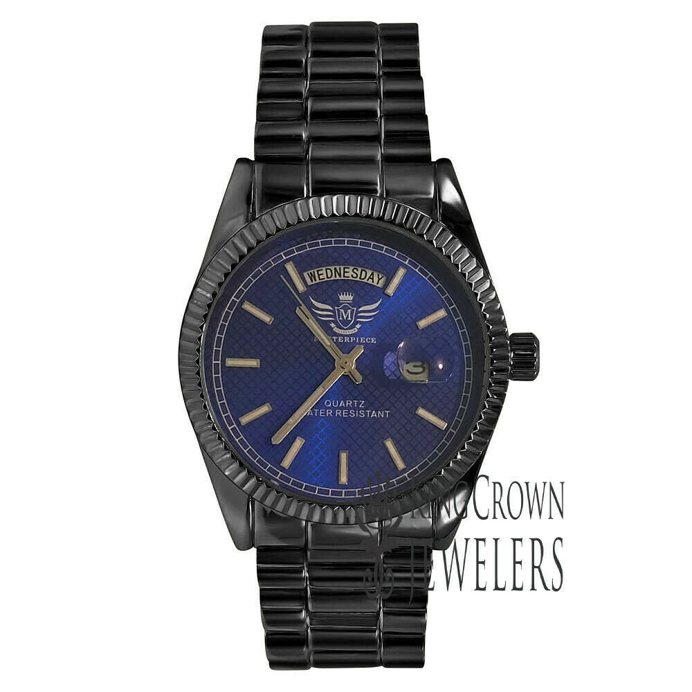 Mens Blue Dial Face 14K Black Gold Tone Day/Date Function Solid Steel Back Water Resistance Metal Band Watch