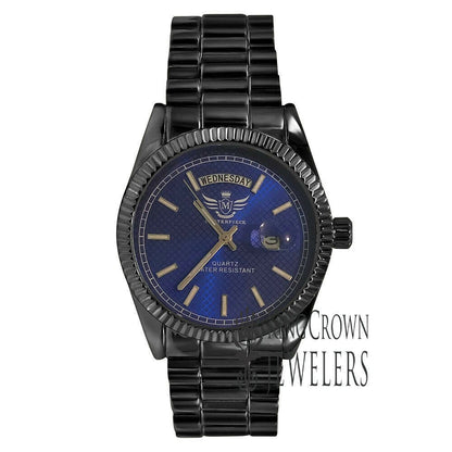 Mens Blue Dial Face 14K Black Gold Tone Day/Date Function Solid Steel Back Water Resistance Metal Band Watch