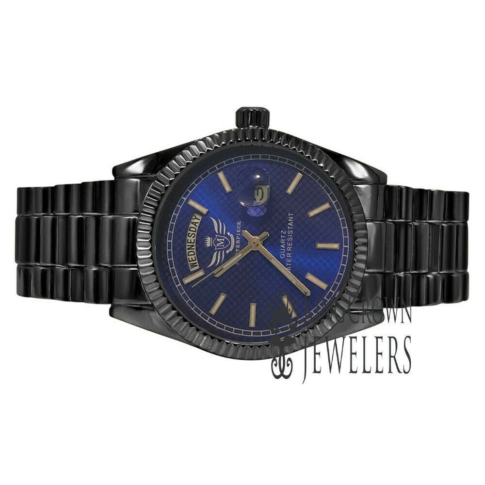 Mens Blue Dial Face 14K Black Gold Tone Day/Date Function Solid Steel Back Water Resistance Metal Band Watch