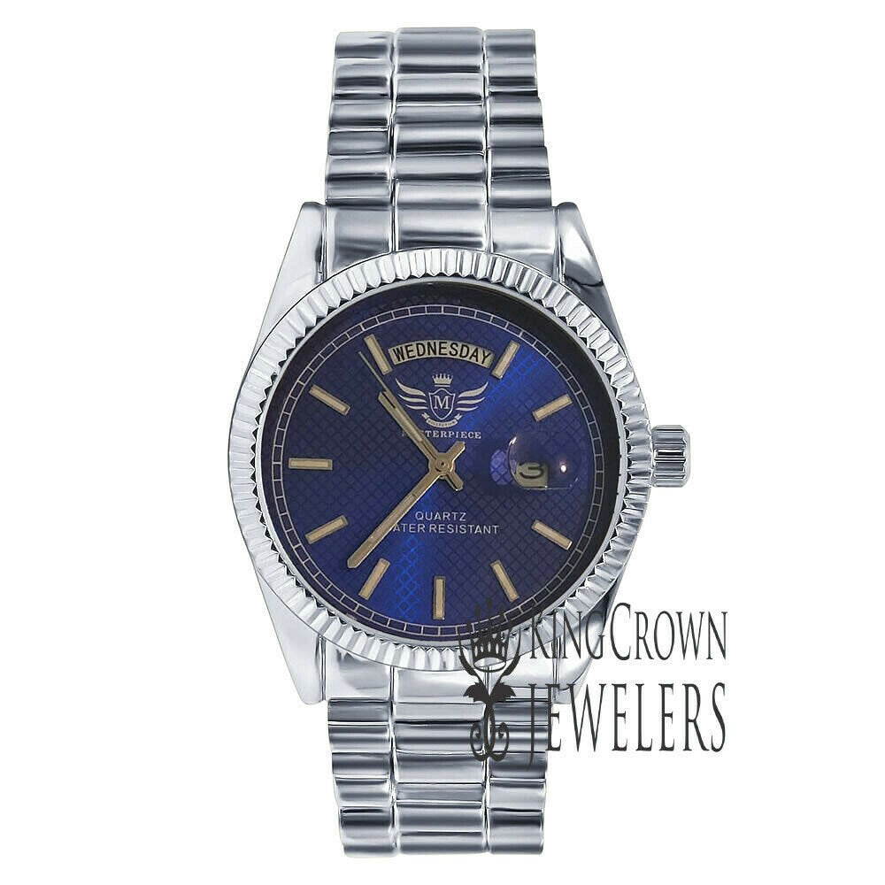 Mens Blue Dial Face 14K White Gold Tone Day/Date Function Solid Steel Back Water Resistance Metal Band Watch