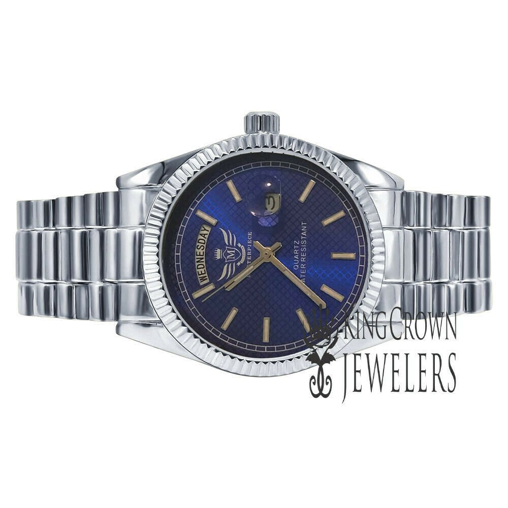 Mens Blue Dial Face 14K White Gold Tone Day/Date Function Solid Steel Back Water Resistance Metal Band Watch