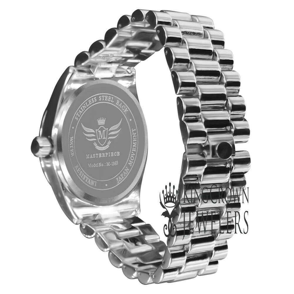 Men's MOP  Dial  14K White Gold Tone Day/Date Function Solid Steel Back Water Resistance Metal Band Watch