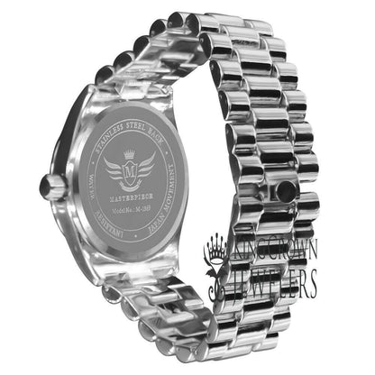 Men's MOP  Dial  14K White Gold Tone Day/Date Function Solid Steel Back Water Resistance Metal Band Watch