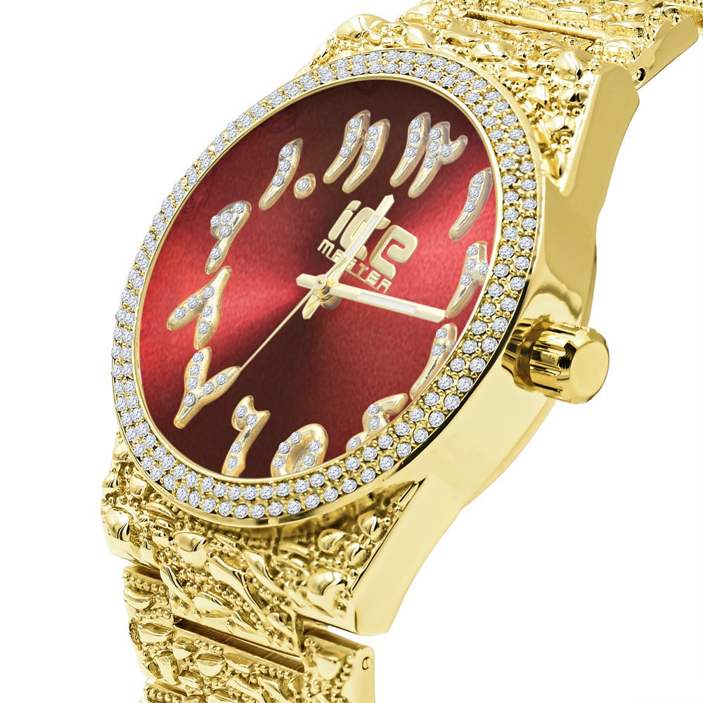 Red Ruby Face Arabic Numeral Dial Yellow Gold Tone Simulated Diamond Nugget Style Mens Steel Watch 44mm