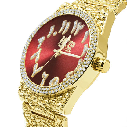 Red Ruby Face Arabic Numeral Dial Yellow Gold Tone Simulated Diamond Nugget Style Mens Steel Watch 44mm