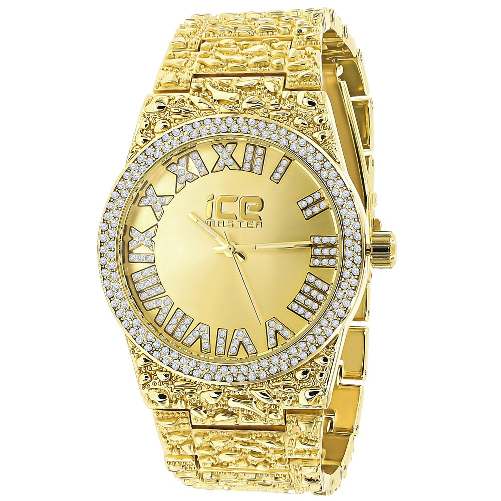 Mens Roman Numeral Dial Yellow Gold Tone Simulated Diamond Nugget Style Steel Watch