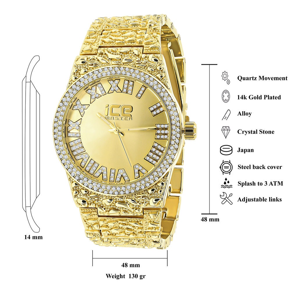 Mens Roman Numeral Dial Yellow Gold Tone Simulated Diamond Nugget Style Steel Watch