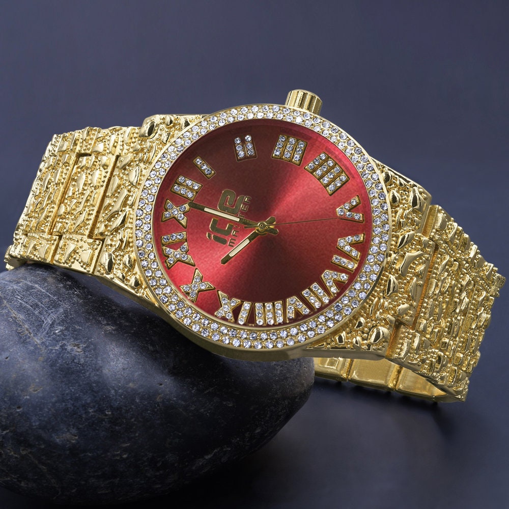 Men's Roman Numeral Dial 18K Yellow Gold Finish Ruby Red Face Simulated Diamond 5 ATM Water Resistant Solid Steel Back Nugget Watch 44mm