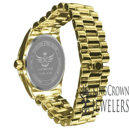 Mens White Dial 14K Yellow Gold Finish Day/Date Function Steel Back Metal Band Watch