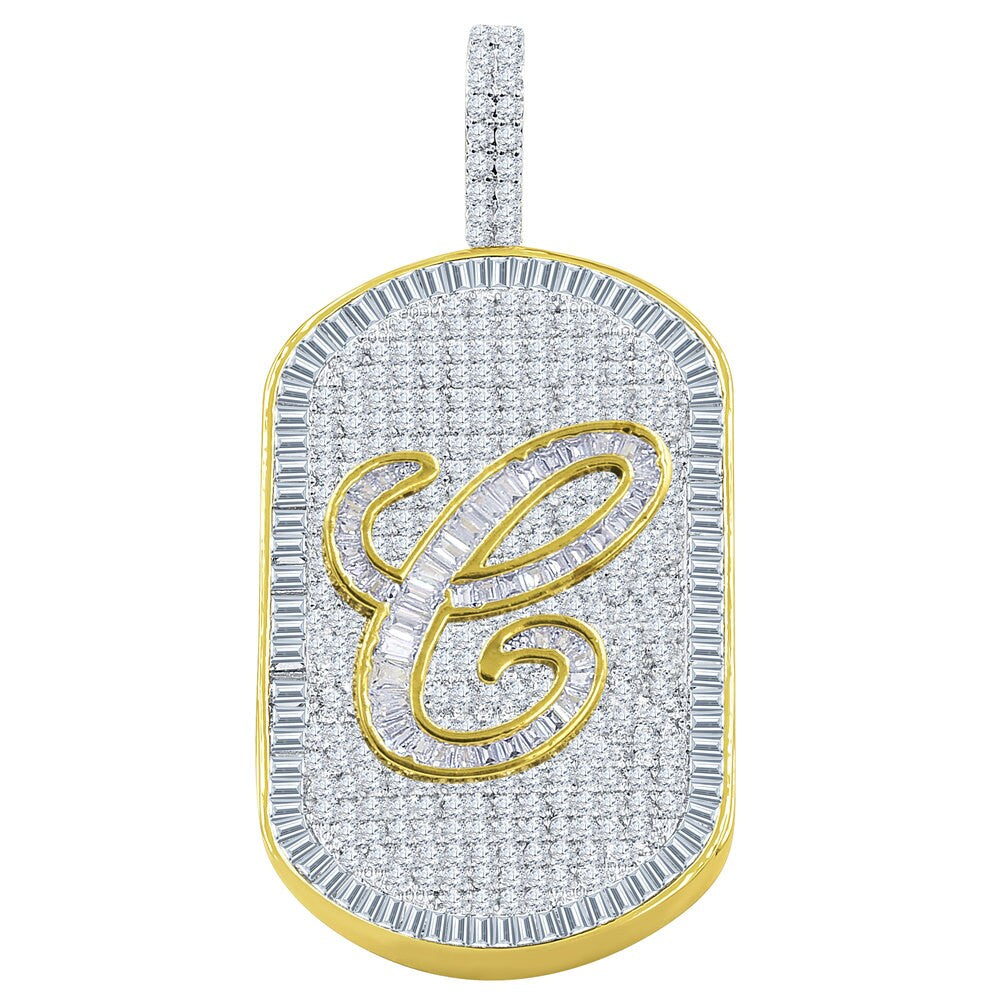 Men's 14K Gold Finish 14+ Grams Baguette/Round Cut Simulated 3.00 Cwt. Diamond Initial Letters Alphabet Dog Tag Pendent Charm 2''