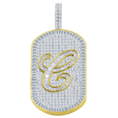 Men's 14K Gold Finish 14+ Grams Baguette/Round Cut Simulated 3.00 Cwt. Diamond Initial Letters Alphabet Dog Tag Pendent Charm 2''
