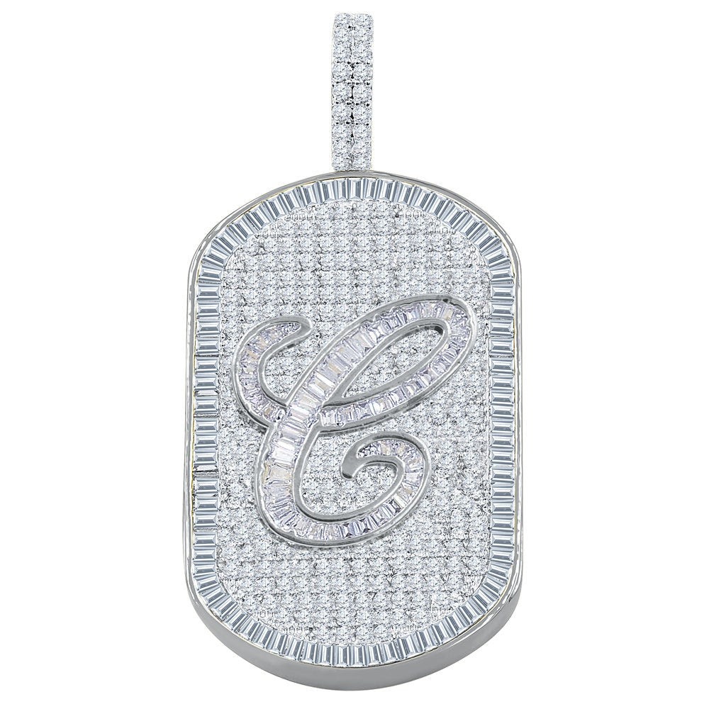 Mens 14K White Gold Finish Baguette/Round Cut Simulated Diamond Initial Letters Alphabet Dog Tag Pendent Charm 2''