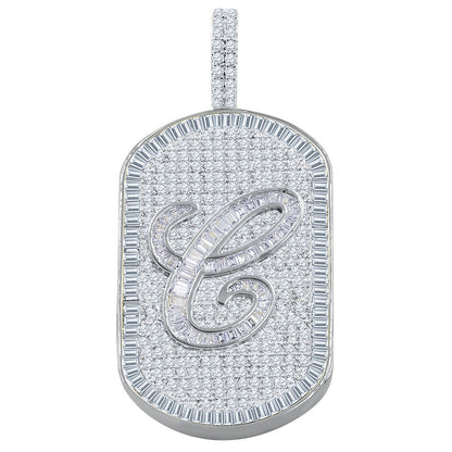 Mens 14K White Gold Finish Baguette/Round Cut Simulated Diamond Initial Letters Alphabet Dog Tag Pendent Charm 2''