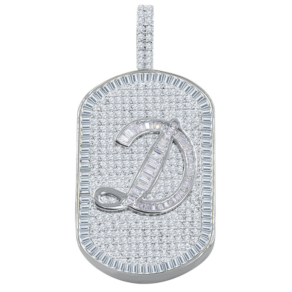 Mens 14K White Gold Finish Baguette/Round Cut Simulated Diamond Initial Letters Alphabet Dog Tag Pendent Charm 2''
