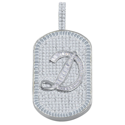Mens 14K White Gold Finish Baguette/Round Cut Simulated Diamond Initial Letters Alphabet Dog Tag Pendent Charm 2''