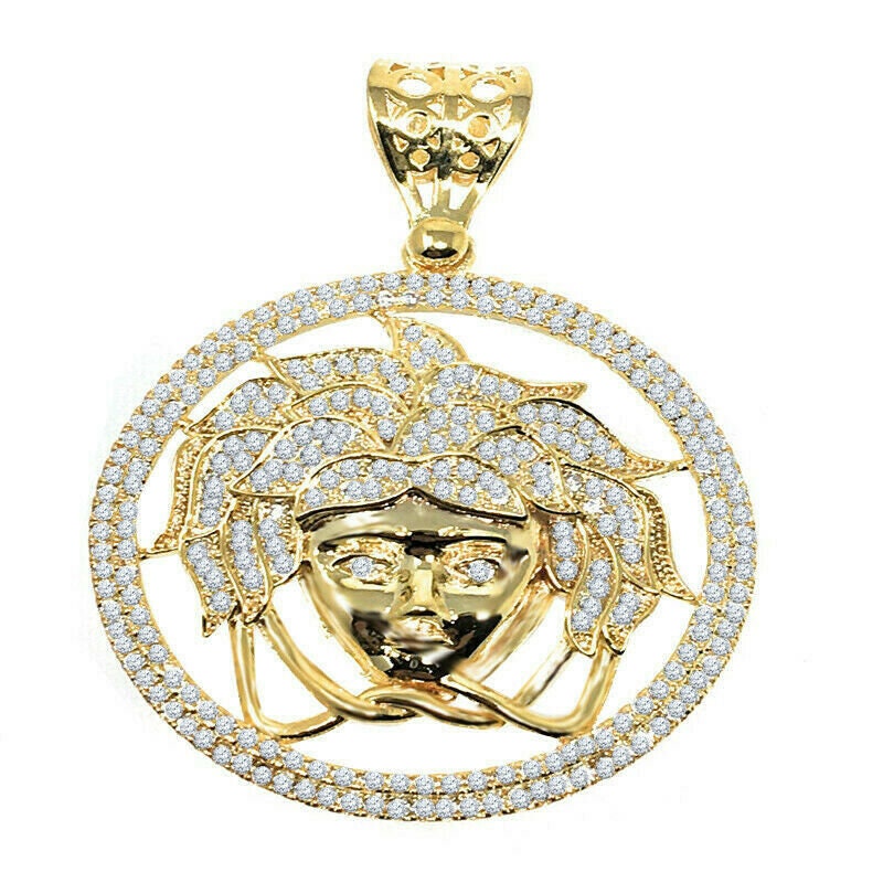 Men's 14k Yellow Gold Finish Simulated Diamond Lion Head Charm Pendant 2.25"