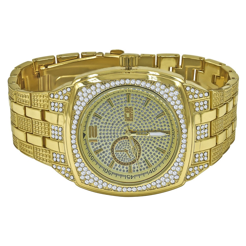 14K Yellow Gold Finish Simulated Diamonds Stainless Steel Back Analog Metal Band Mens Watch