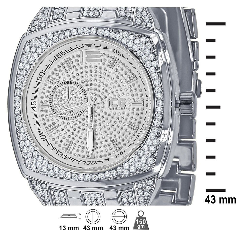 14K White Gold Finish Simulated Diamonds Stainless Steel Back Analog Metal Band Mens Watch