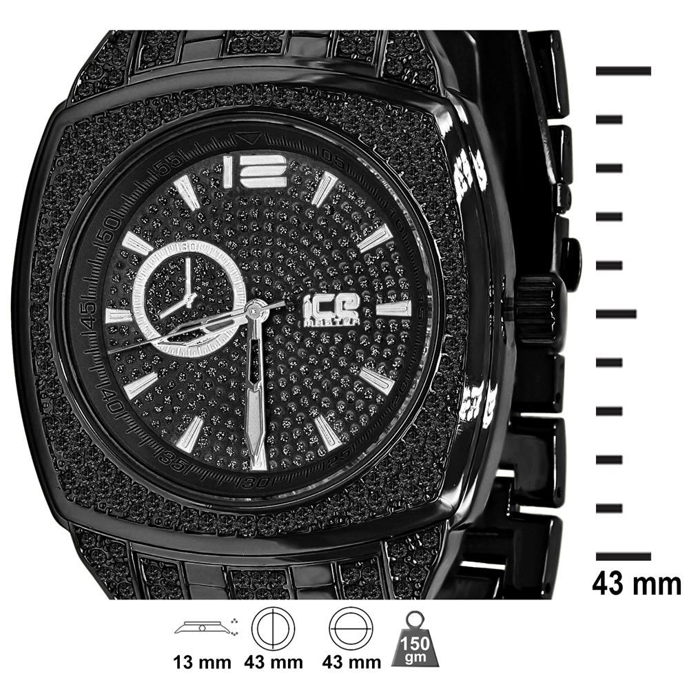 14K Black Gold Finish Simulated Diamonds Stainless Steel Back Analog Metal Band Mens Watch