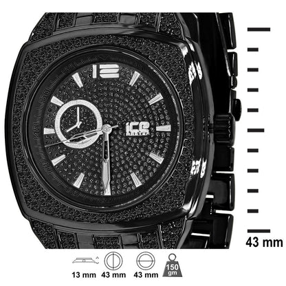 14K Black Gold Finish Simulated Diamonds Stainless Steel Back Analog Metal Band Mens Watch