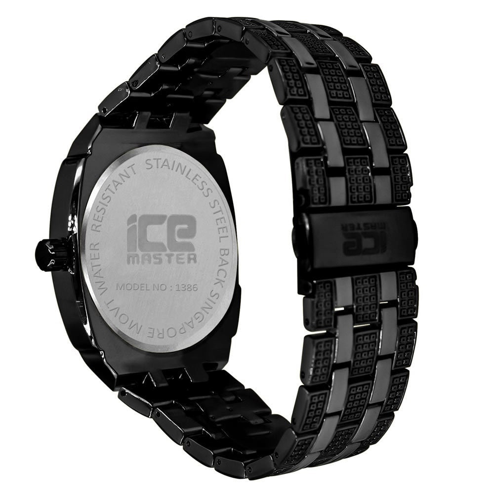 14K Black Gold Finish Simulated Diamonds Stainless Steel Back Analog Metal Band Mens Watch