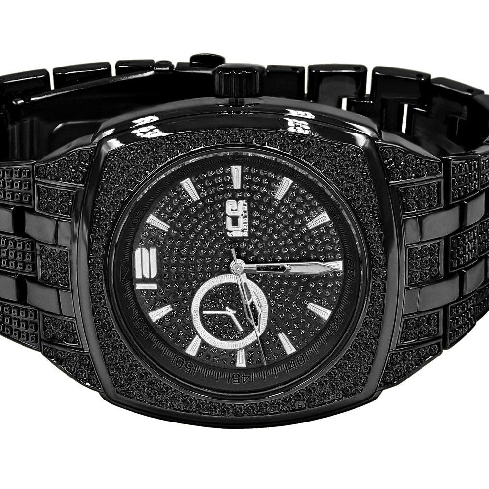 14K Black Gold Finish Simulated Diamonds Stainless Steel Back Analog Metal Band Mens Watch