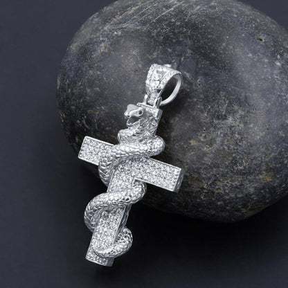 14K White Gold On Real Sterling Silver Simulated Diamonds Punk Snake Copra Custom Cross Pendent Charm