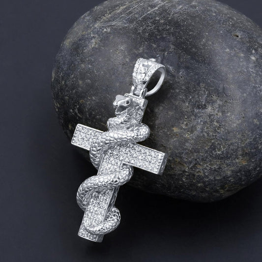 14K White Gold On Real Sterling Silver Simulated Diamonds Punk Snake Copra Custom Cross Pendent Charm