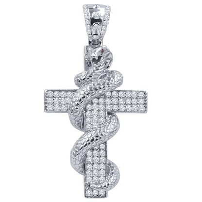 14K White Gold On Real Sterling Silver Simulated Diamonds Punk Snake Copra Custom Cross Pendent Charm