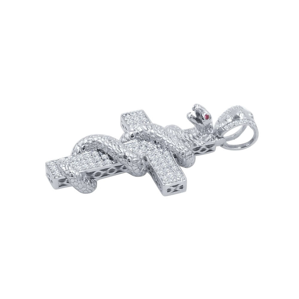 14K White Gold On Real Sterling Silver Simulated Diamonds Punk Snake Copra Custom Cross Pendent Charm