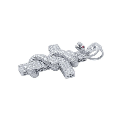 14K White Gold On Real Sterling Silver Simulated Diamonds Punk Snake Copra Custom Cross Pendent Charm