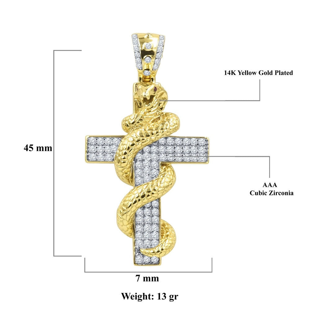 14K Yellow Gold On Real Sterling Silver Simulated Diamonds Cross Snake Copra Custom Pendent Charm